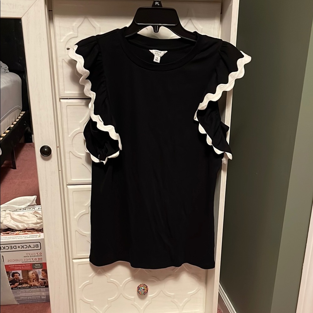 Crown & Ivy Black Blouse with White Ruffle Trim